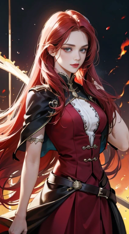 (Best Quality,4K,High resolution), Woman with long straight hair and red lips, ekaterina, professional photograpy, 30 year old female red hair，Cold eyes ,sharp eye，eyes glowing red，Changing the Appearance of a Transform，Evil Fight，buttle，Delicate illustrations drawn in detail，Torn clothes with decoration，Disheveled clothes，Realistic portrayal，Vivid color reproduction，Classic background