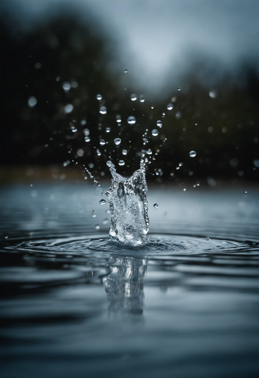 a high-resolution shot of multiple water droplets falling into a pool of water, freezing the moment of impact and capturing the mesmerizing ripples