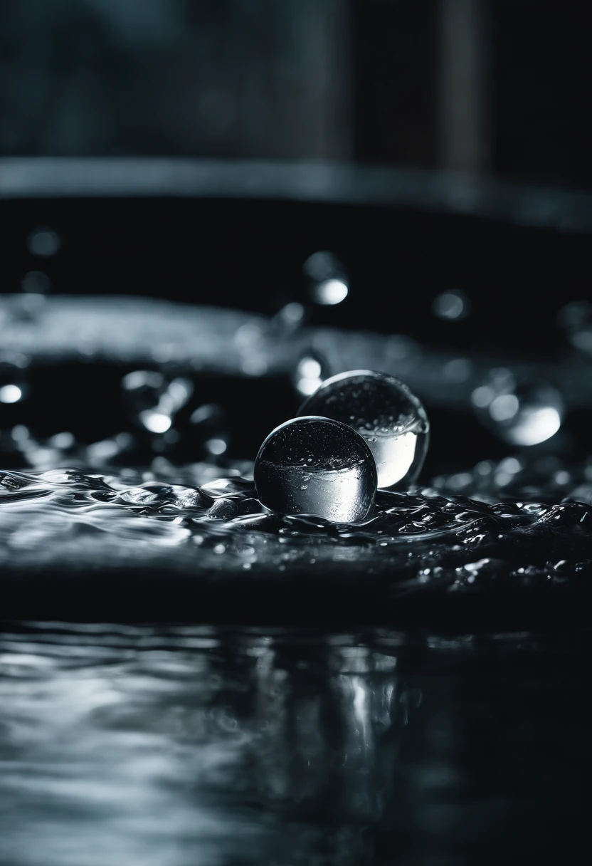 a high-resolution shot of multiple water droplets falling into a pool of water, freezing the moment of impact and capturing the mesmerizing ripples