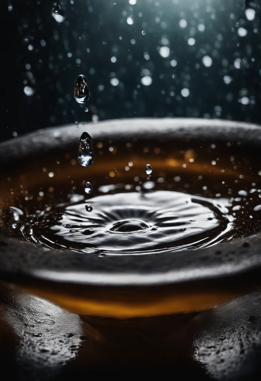 a high-resolution shot of multiple water droplets falling into a pool of water, freezing the moment of impact and capturing the mesmerizing ripples