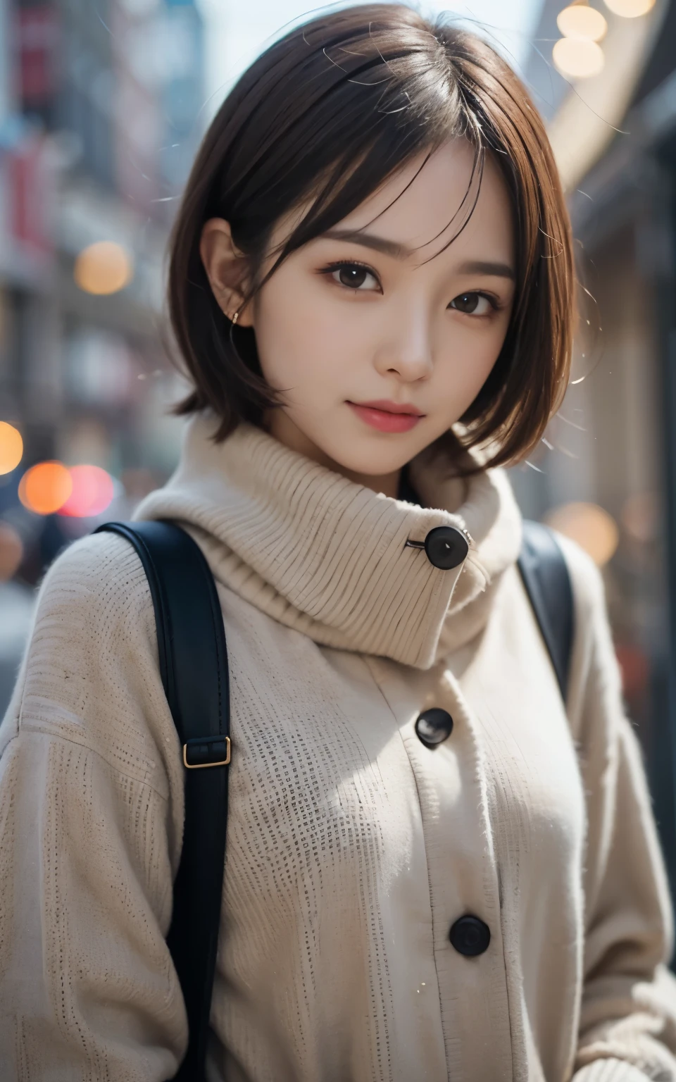 Cute 21 years old Japan、Shops、shopping、Super Detail Face、Eye of Detail、二重まぶた、beautiful thin nose、foco nítido:1.2、prety woman:1.4、(light brown hair,short-haired、)Shortcut Hair,fair white skin、top-quality、masterpiece、超A high resolution、(Photorealsitic:1.4)、Highly detailed and professional lighting smile、cute colorful winter clothes、