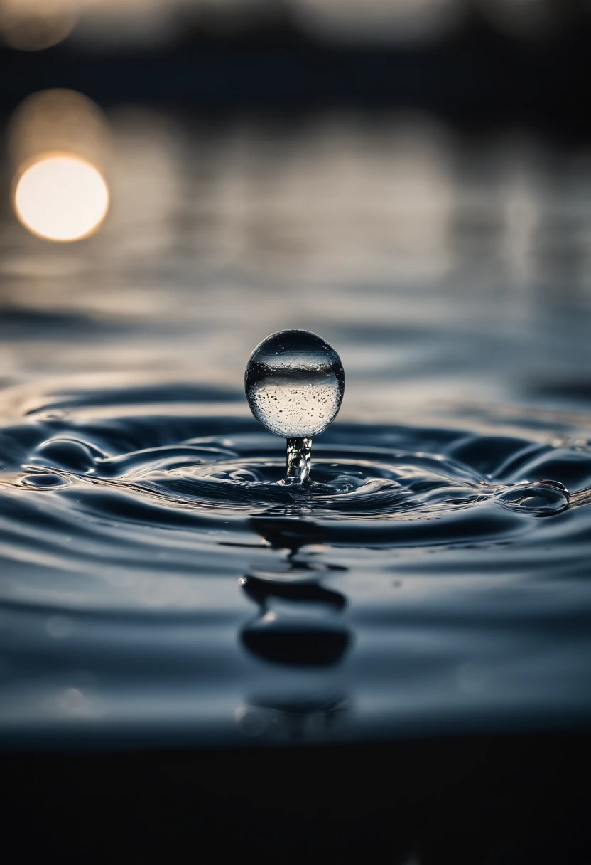 a high-resolution shot of multiple water droplets falling into a pool of water, freezing the moment of impact and capturing the mesmerizing ripples