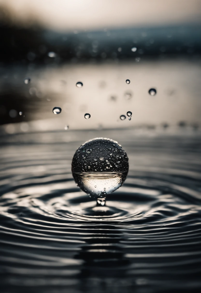 a high-resolution shot of multiple water droplets falling into a pool of water, freezing the moment of impact and capturing the mesmerizing ripples