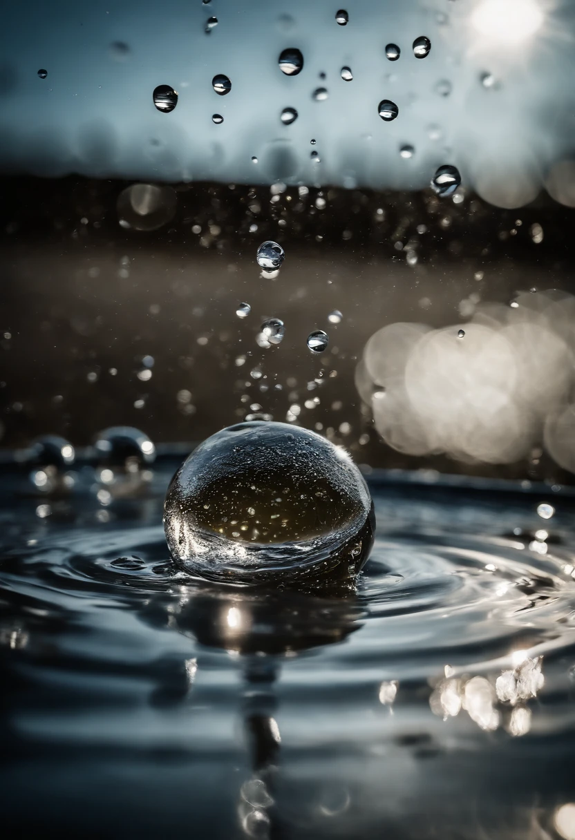 a high-resolution shot of multiple water droplets falling into a pool of water, freezing the moment of impact and capturing the mesmerizing ripples