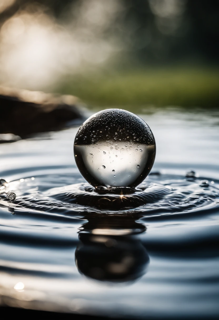 a high-resolution shot of multiple water droplets falling into a pool of water, freezing the moment of impact and capturing the mesmerizing ripples