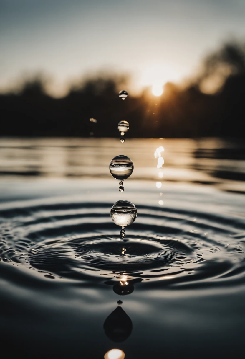 a high-resolution shot of multiple water droplets falling into a pool of water, freezing the moment of impact and capturing the mesmerizing ripples
