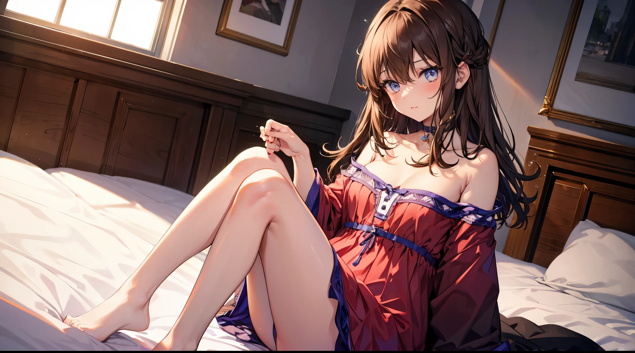 1 girl, best quality, tmasterpiece, beautiful, detailed eyes, HD, extremely detailed, visually inspect the audience, brown hair, (((solo:1.1))), the face is slightly red, is shy, beautiful, blush, full body, adorable, cleavage, dress, (sitting on his knees on the bed:1.4),