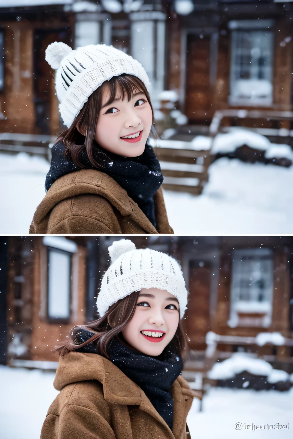 (Best Quality,8K,High resolution:1.2),(beautifulRealistic.6)、(Cute s:1.4),(Choppy.25),(Glamorous body),(fur-coat,gloves,Yarn hat、long boots)、21years old、Professional、(My beloved woman#39;joy ang、Heartbeat in the chest)、Happy、kou、snowflakes falling、Snow Run、white shy smile、Model-like appearance、Akita、snowflakes falling街、