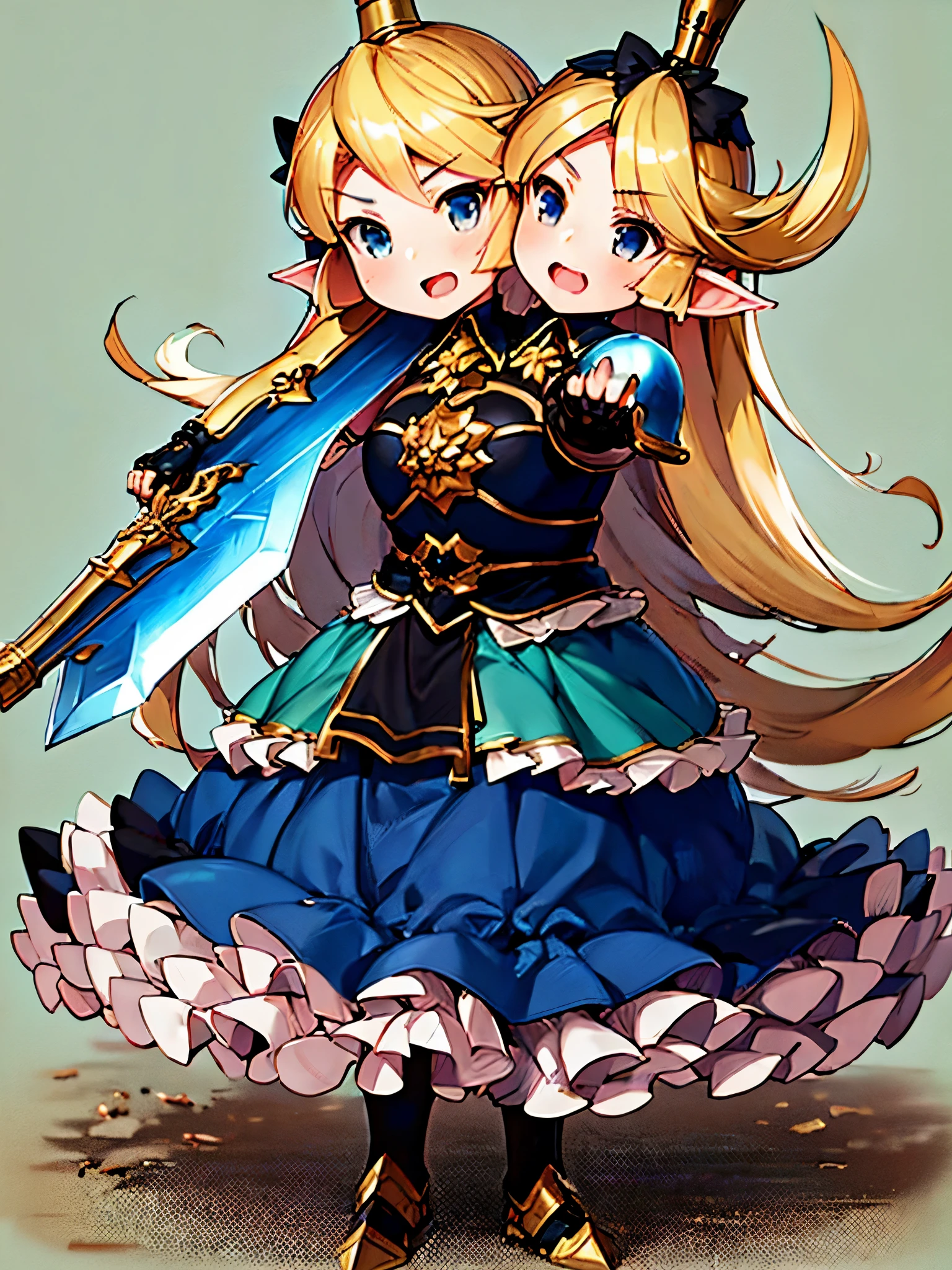 (gbfcharlotta), (2heads:1.7), (li:1.3), blue dress, armor, gauntles, diadems, (crown), blonde hair, best quality, (masterpiece), (ultra-detailed), (high quality), (high resolution), >:D, grassy plains, beautiful background, dynamic pose, holding a sword, full body, white tights