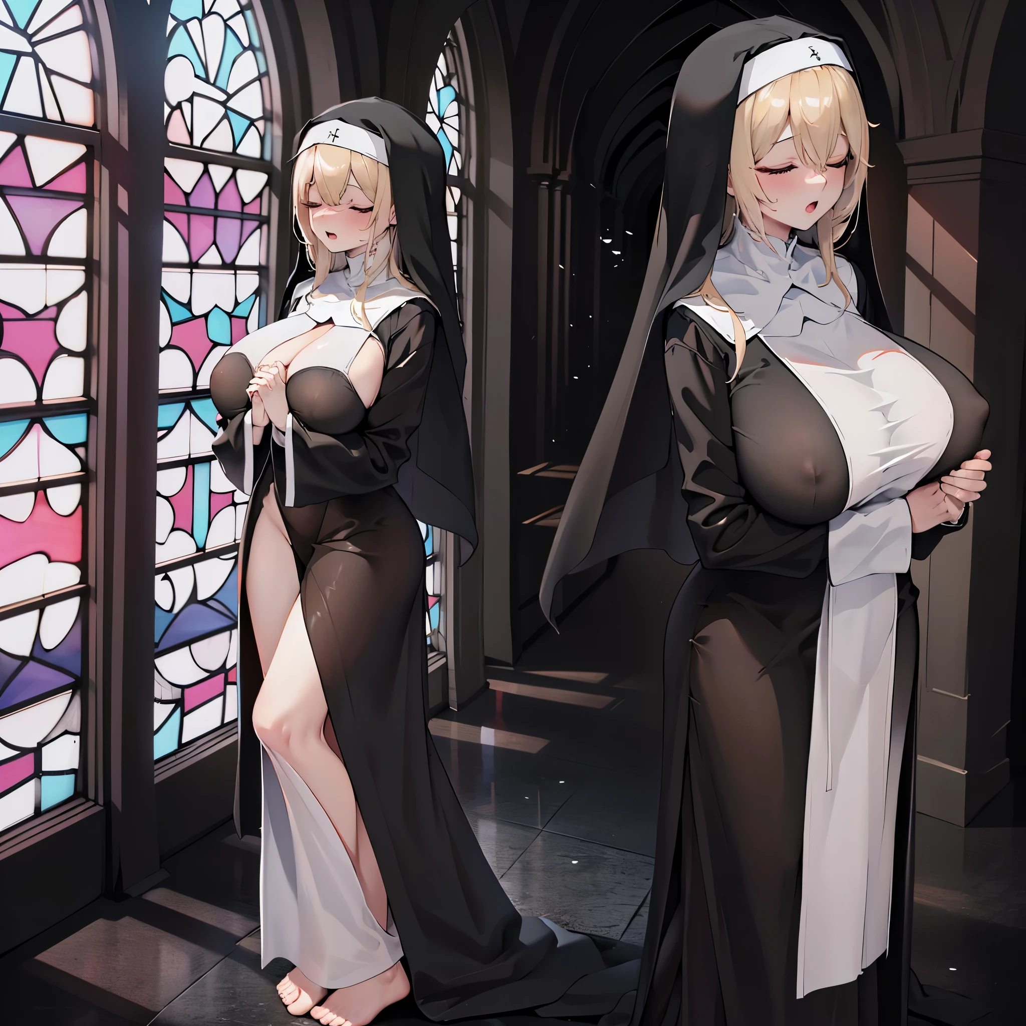 solo 1 praying num standing in church, praying with holding hands together over chest, very thin, long (black sheer nun's robe:1.3), wearing nothing under (black robe:1.3), (huge breasts:1.2), black (sheer long skirt:1.1), inconceivably thin waist, closing eyes, nose blush, open mouth, (heavy breathing:1.2), stained glass, full body, 8k