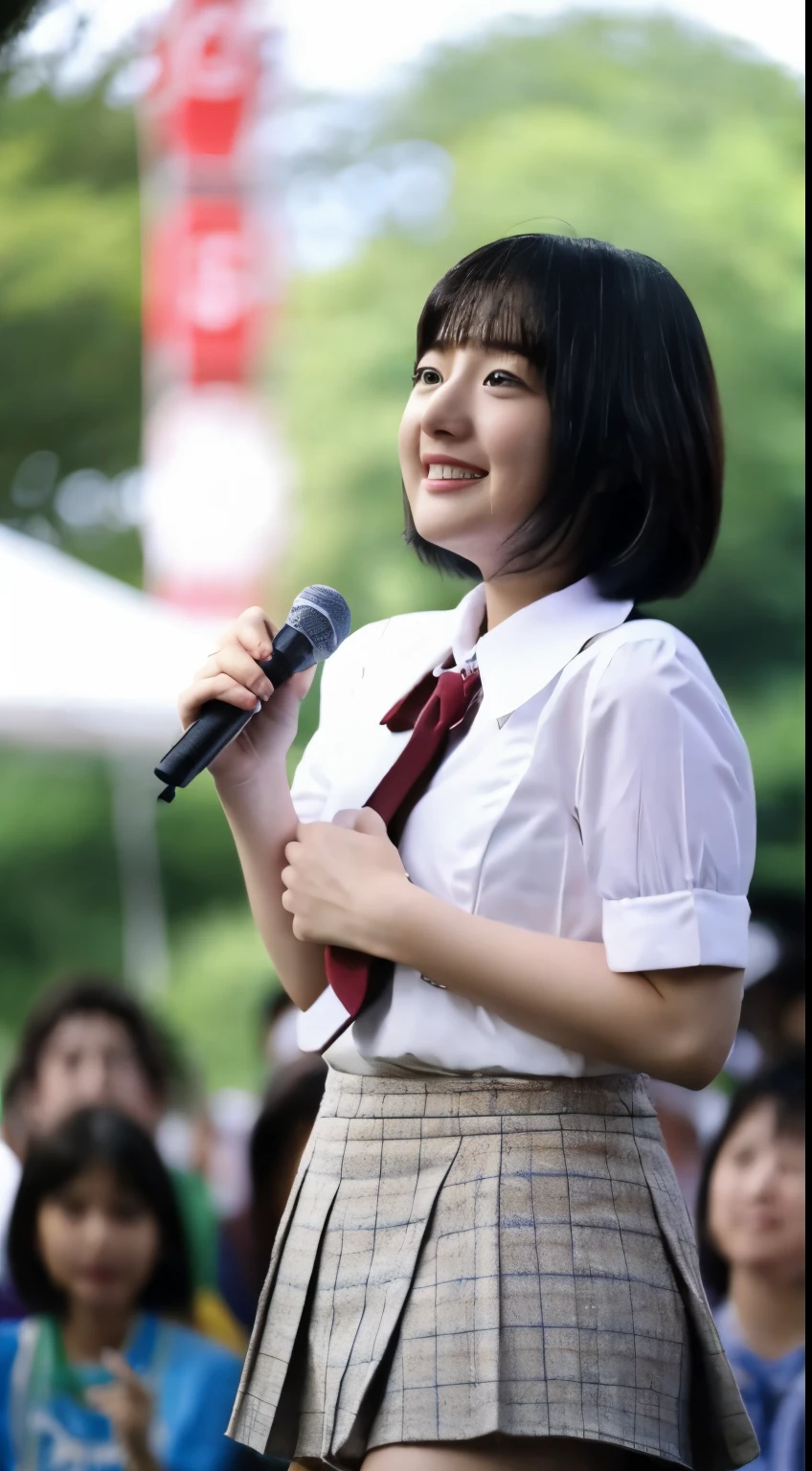 japanes、11 year old、female pervert、小柄、Short hair、Juvenile look、chubby physique、Idol singer、kawaii、the chest is very large、Tight outfits、You can see the shape of the chest、a miniskirt、Close-up image、sing outdoors、Packed crowd、The skirt is very short、Photographed from directly below、Her skirt is flipped up and her panties are fully exposed.、