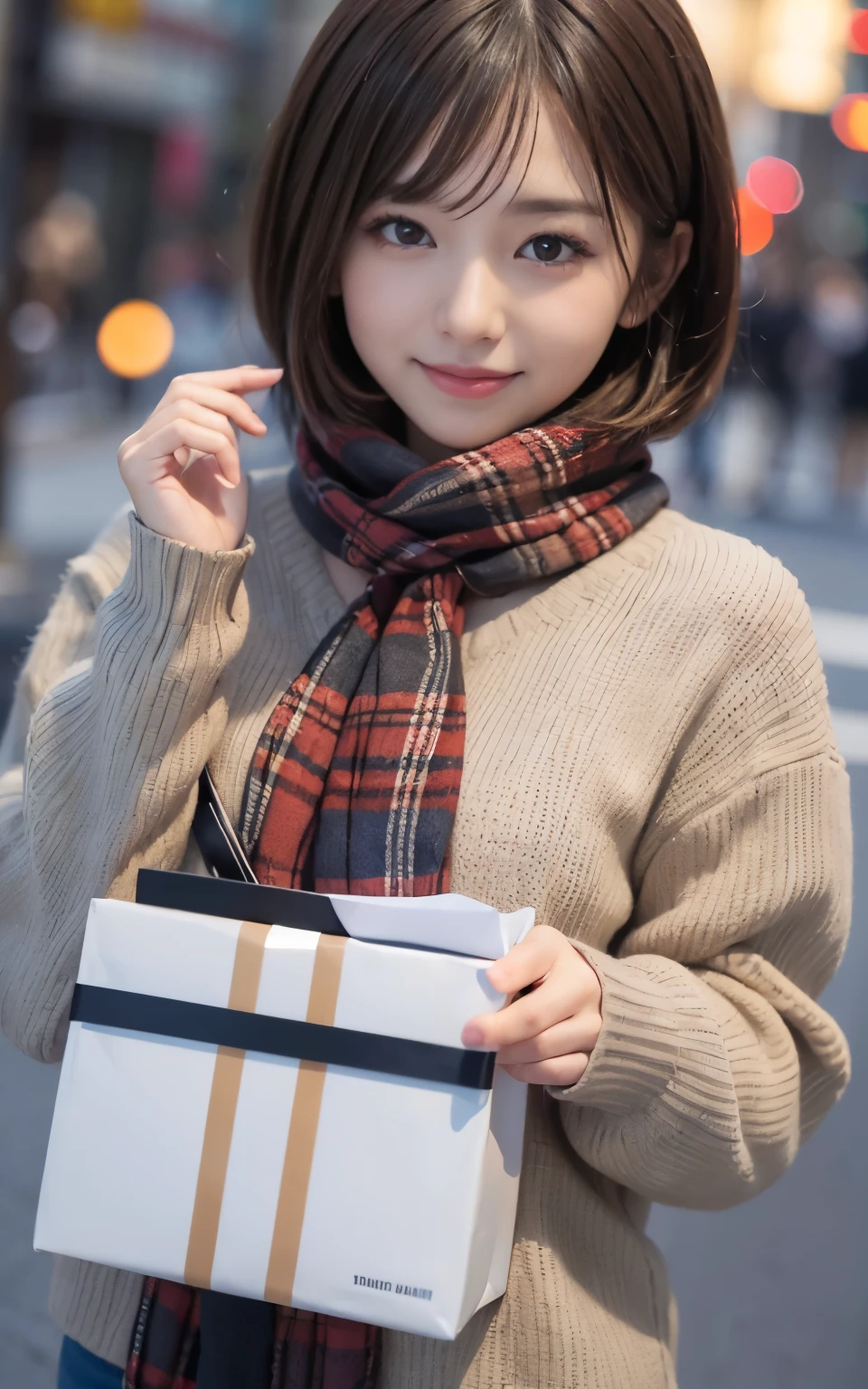 Cute 21 years old Japan、early evening、shopping、Super Detail Face、Eye of Detail、二重まぶた、beautiful thin nose、foco nítido:1.2、prety woman:1.4、(light brown hair,short cut hair, White skin、top-quality、发光、masterpiece、超A high resolution、(Photorealsitic:1.4)、cute fancy winter clothes、colorful muffler、The best smile、C Cup、No exposure、