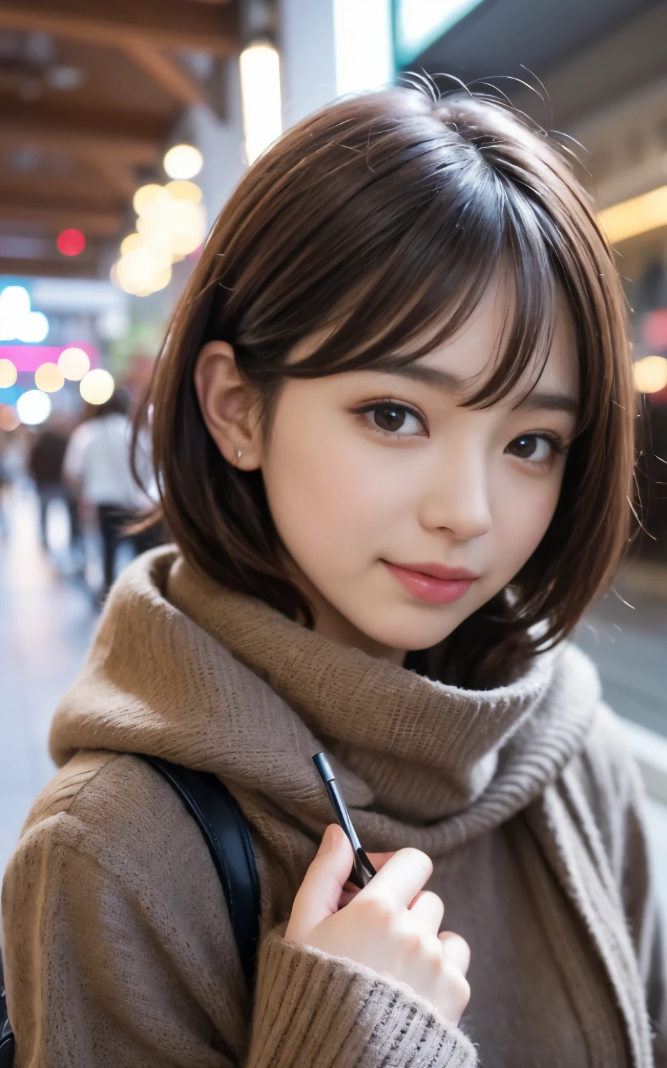 Cute 21 years old Japan、during daytime、shopping、Super Detail Face、Eye of Detail、二重まぶた、beautiful thin nose、foco nítido:1.2、prety woman:1.4、(light brown hair,short cut hair, White skin、top-quality、发光、​masterpiece、超A high resolution、(Photorealsitic:1.4)、cute fancy winter clothes、colorful muffler、The best smile、C Cup、No exposure、