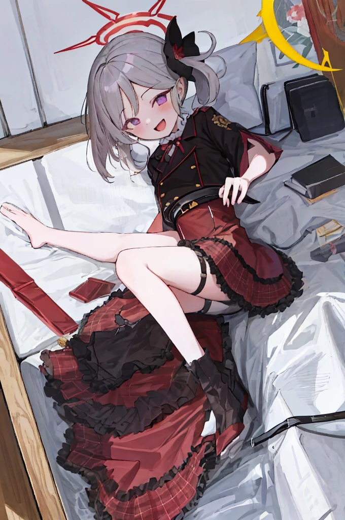 tmasterpiece, Best quality at best, ultra - detailed, illustratio, 1 girl, :d, By bangs, black florals, black jaket, Be red in the face, florals, 头发florals白, hair florals, hair adornments, The halo, high-waist a skirt, jaket, long whitr hair, looking at viewert, January, with her mouth open, a purple eye, red a skirt, short- sleeved, side ponytails, a skirt, ssmile, Alone, The upper part of the body