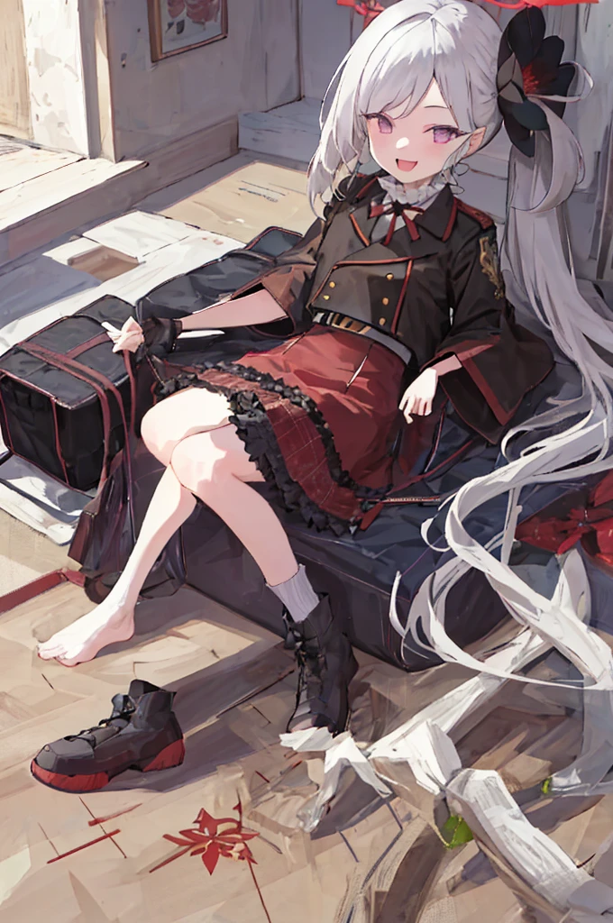 tmasterpiece, Best quality at best, ultra - detailed, illustratio, 1 girl, :d, By bangs, black florals, black jaket, Be red in the face, florals, 头发florals白, hair florals, hair adornments, The halo, high-waist a skirt, jaket, long whitr hair, looking at viewert, January, with her mouth open, a purple eye, red a skirt, short- sleeved, side ponytails, a skirt, ssmile, Alone, The upper part of the body