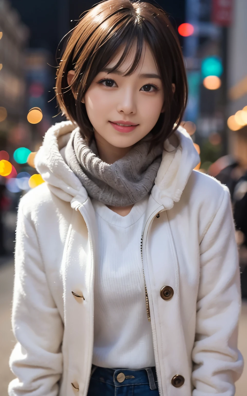 Cute 21 years old Japan、department store、shopping、Super Detail Face、Eye of Detail、二重まぶた、beautiful thin nose、foco nítido:1.2、prety woman:1.4、(light brown hair,short cut hair, White skin、top-quality、发光、​masterpiece、超A high resolution、(Photorealsitic:1.4)、cute fancy winter clothes、colorful muffler、The best smile、
