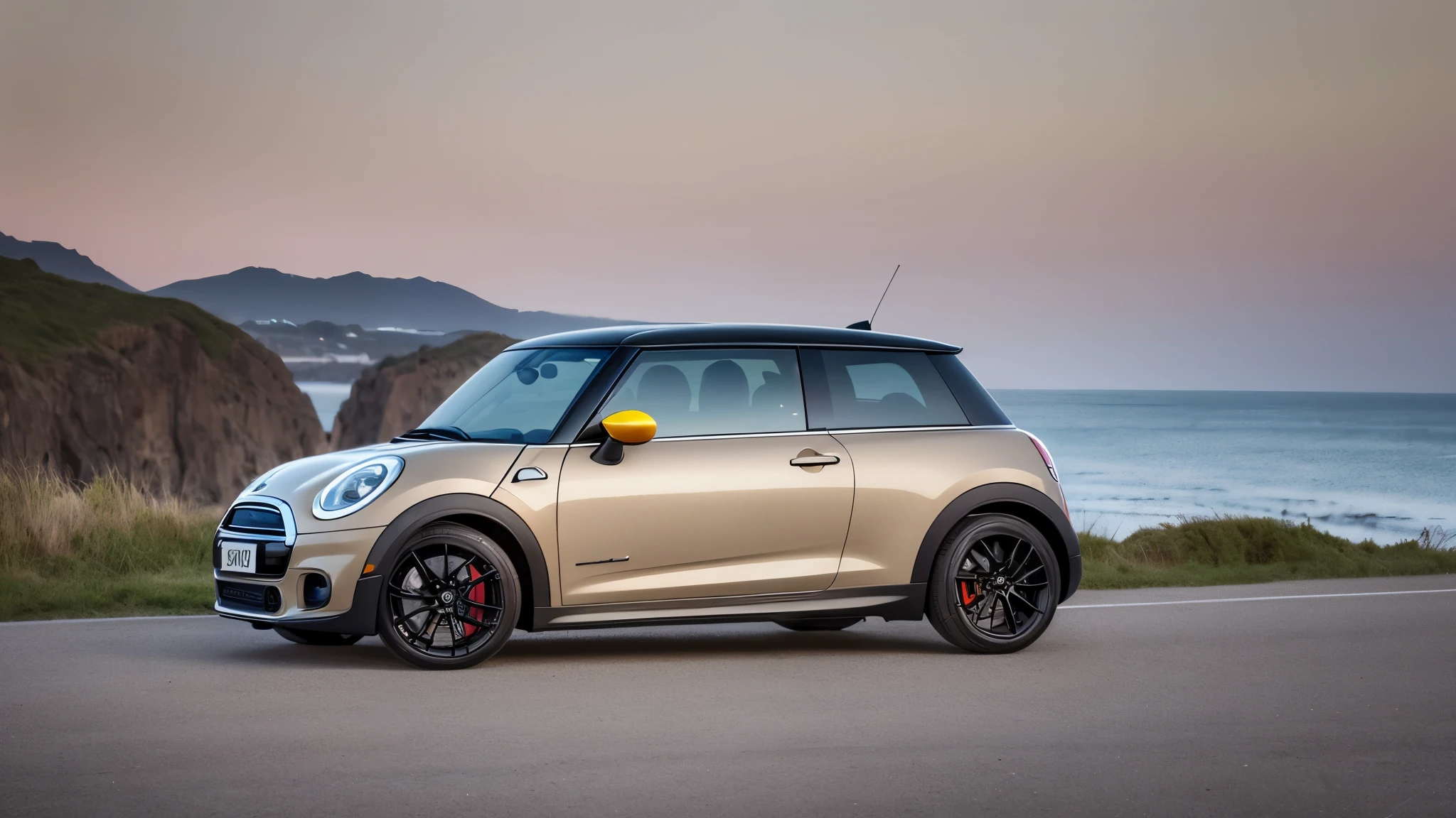 Cooper mini on national road with sea view, evening, photo style, --auto --s2