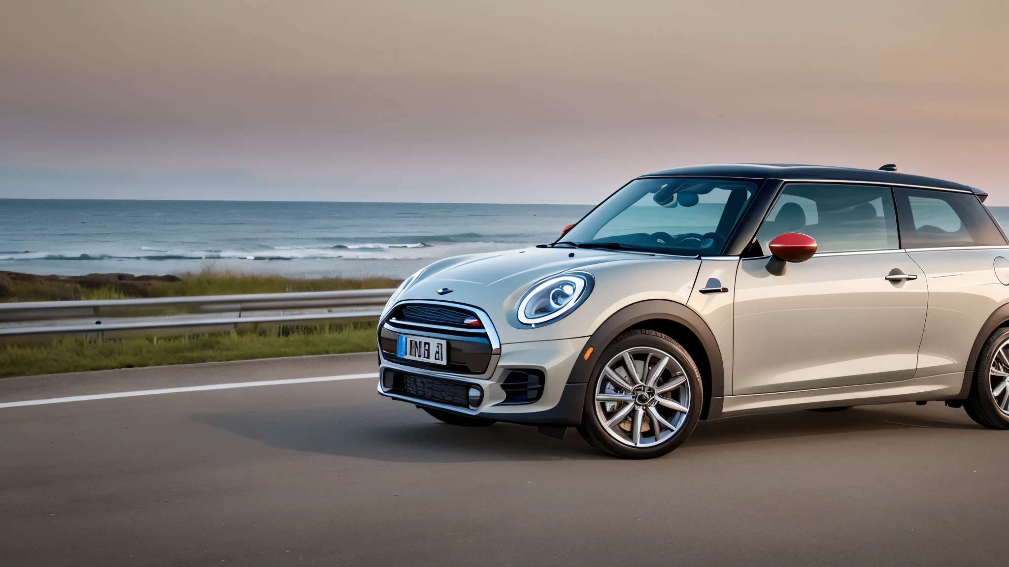 Cooper mini on national road with sea view, evening, photo style, --auto --s2