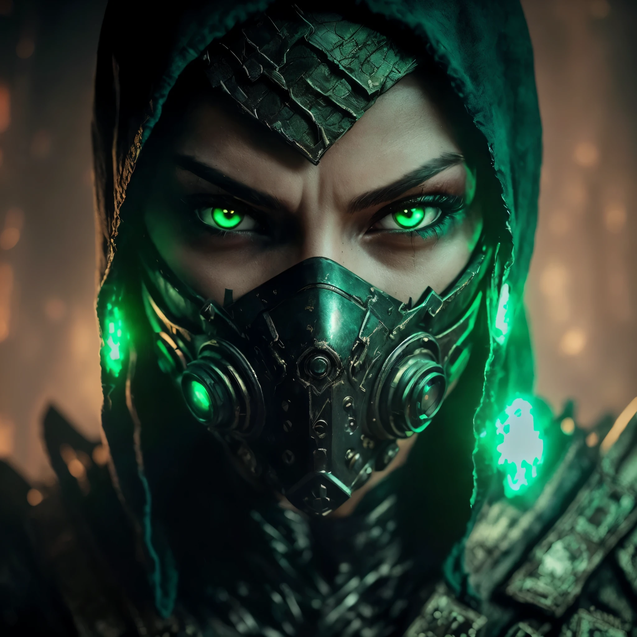 a close up of a person wearing a gas mask and a hood, unreal 5. rpg portrait, character from mortal kombat, cinematic unreal 5, metal and glowing eyes, menacing. unreal 5, unreal 5 render, snake-head female assassin, unreal engine character art, cyberpunk angry gorgeous druid, unreal engine 4k wallpaper, cinematic unreal engine 5