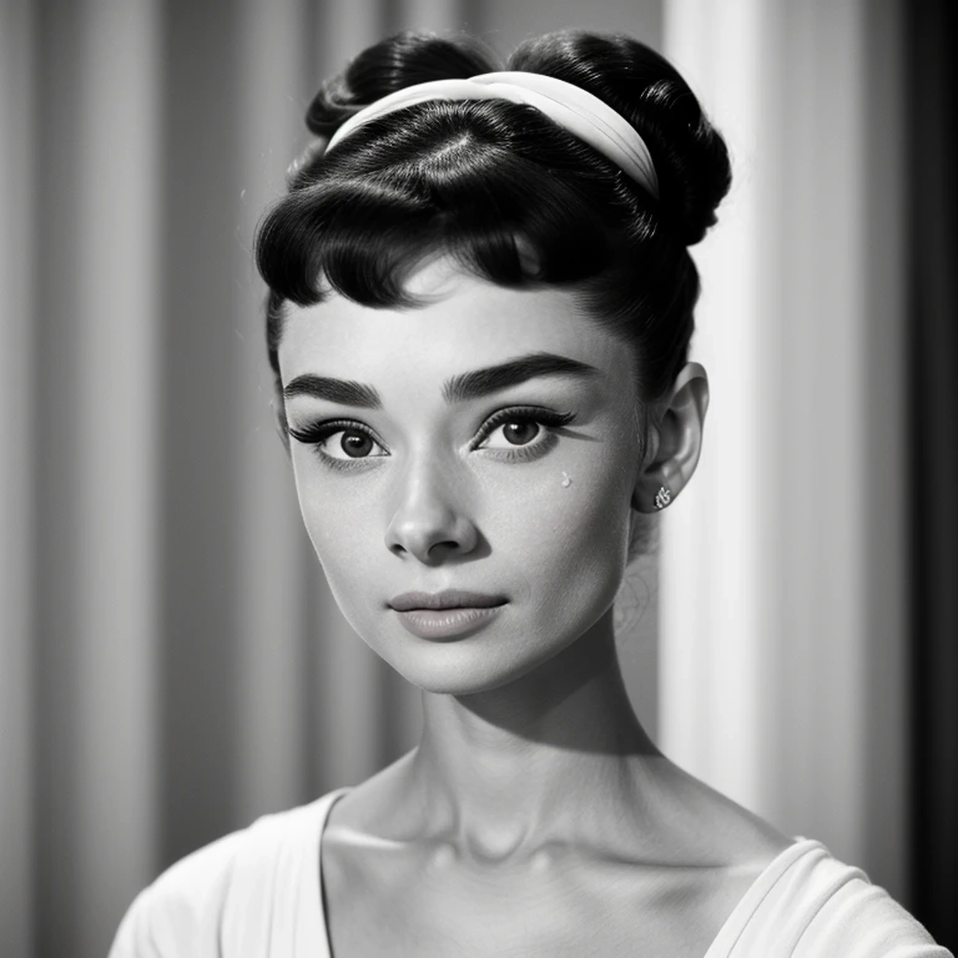 ((black and white filter)), AudreyHepburn, focus on eyes, close up on face, short black hair styled cascading curls bun, portrait photo of a beautiful young actress: (AudreyHepburn is in the black and white Roman Holiday movie film (1953)), hotel room, Award - winning photograph, Masterpiece, 8k, ultra high res, hyper detailed, perfect flawless face, rule of thirds, Realistic Perfect eyes and pupils, Perfect full lips, upturned nose, highly detailed shining hair, ((detailed facial featureinely detailed skin), tanned skin, skin pores, skin blemishes, realistic skin texture, intricate details, photorealism, hyperrealism, ultra realistic, lifelike textures, neutral colors, cinematic lighting, dramatic lighting, backlight on hair, sharp focus, wide angle, film grain, dslr, raw photo,