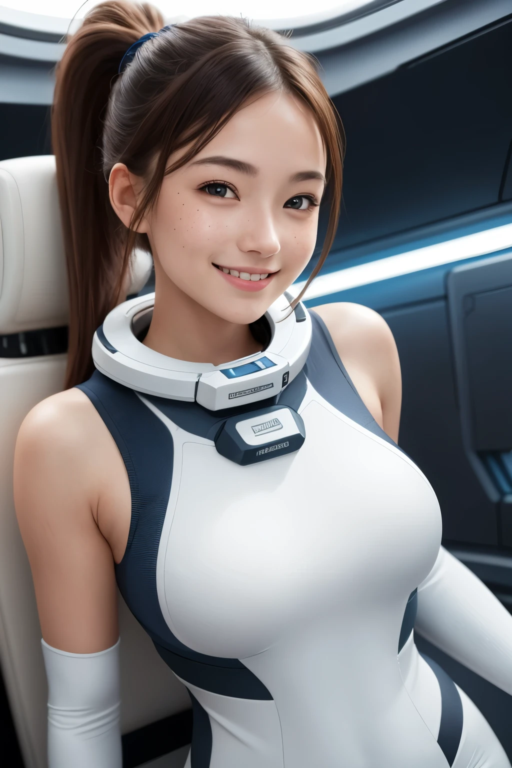 8K, Best quality, Real picture, Intricate details, Ultra-detailed, A high resolution, Depth field,(Photorealistic,Realistic:1.2),masutepiece, 0.25 :: Close-up , straight shot , From miiddle , 1girl in, an extremely beautiful 17-year-old french girl, perfect glossy shiny skins, Flawless skin, Fair skin, Huge round breasts, Narrow waist, Light blush, Solo, view the viewer, light smile, Smile face, futuristic spacesuit, No background, in a spaceship, (Sleeveless), Smile face, angle of view, with one hand on her breasts, freckles, ponytail, rough face