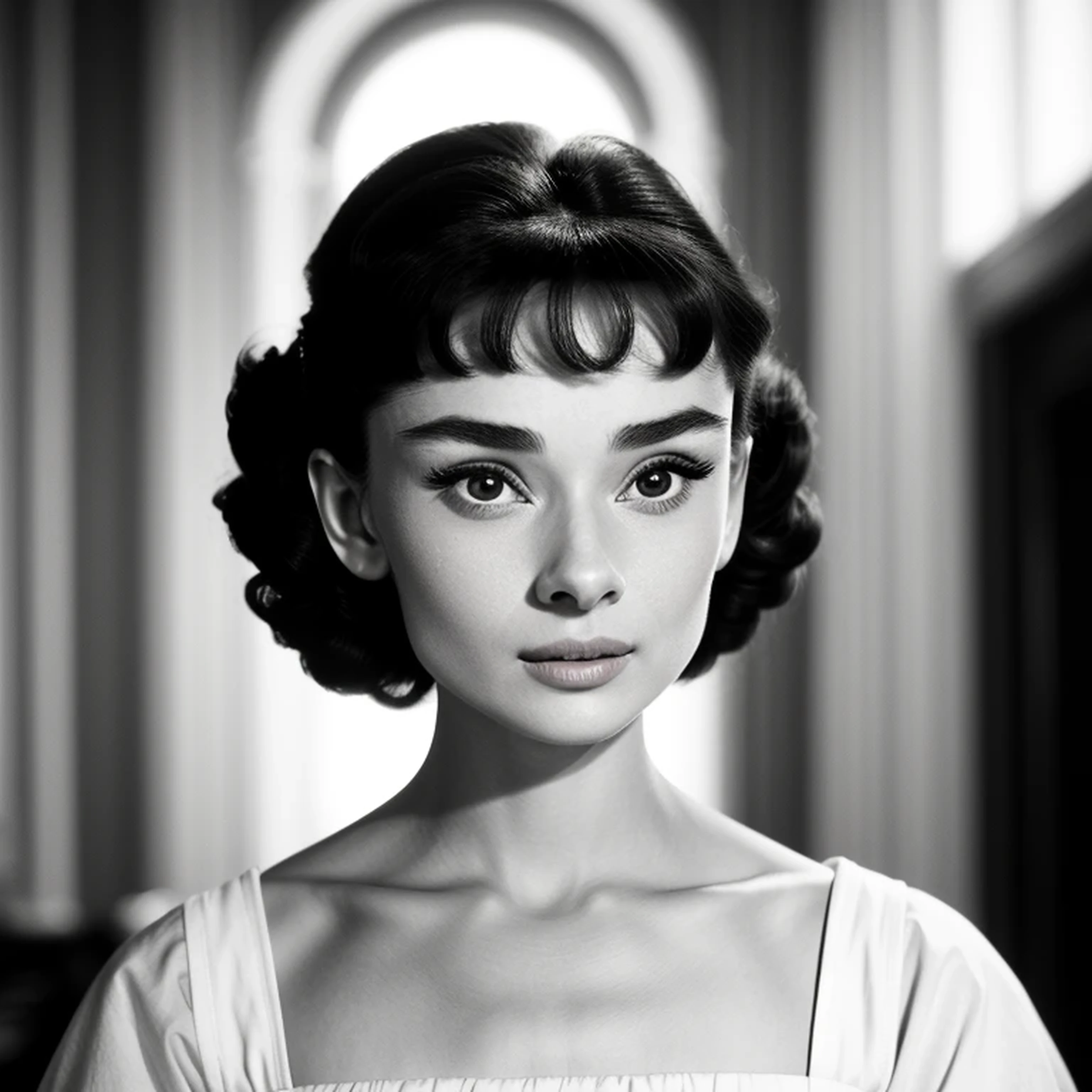 ((black and white filter)), AudreyHepburn, focus on eyes, close up on face,  short black hair styled cascading curls bun, portrait photo of a beautiful young actress: (AudreyHepburn is in the black and white Roman Holiday movie film (1953)), hotel room, Award - winning photograph, Masterpiece, 8k, ultra high res, hyper detailed, perfect flawless face, rule of thirds, Realistic Perfect eyes and pupils, Perfect full lips, upturned nose, highly detailed shining hair, ((detailed facial featureinely detailed skin), tanned skin, skin pores, skin blemishes, realistic skin texture, intricate details, photorealism, hyperrealism, ultra realistic, lifelike textures, neutral colors, cinematic lighting, dramatic lighting, backlight on hair, sharp focus, wide angle, film grain, dslr, raw photo,