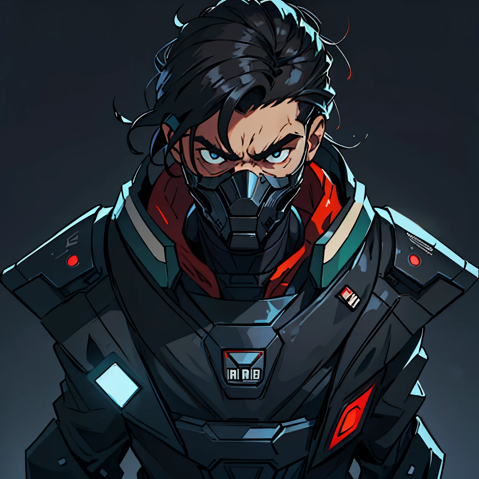 (Criminal), 30 years old, ugly, black hair. (He wear a futuristic full mask 1.5), He wear a futuristic suit, (evil 1.5), (Simple background), plano medio