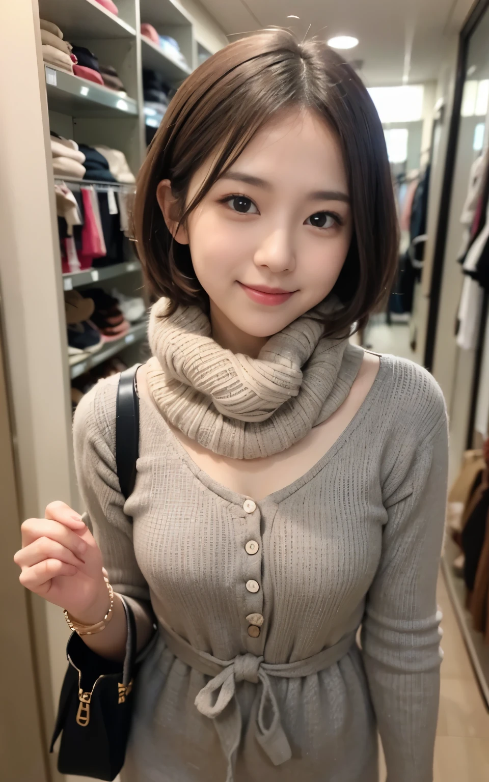 Cute 21 years old Japan、shopping、fitting room、dress room、Super Detail Face、Eye of Detail、二重まぶた、beautiful thin nose、foco nítido:1.2、prety woman:1.4、(light brown hair,short cut hair, White skin、top-quality、发光、​masterpiece、超A high resolution、(Photorealsitic:1.4)、cute fancy winter clothes、colorful muffler、The best smile、C Cup、No exposure、