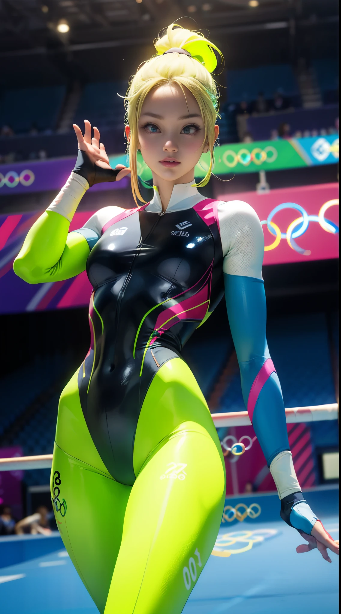 (La mejor calidad,A high resolution,Ultra - detallado,actual), Genuine skin glow、indoor olympic gymnastics arena, Ariana Grande 、Close-up shot looking up from underground、blonde long bob hair、A little bigger chest、Wearing a turquoise and white leotard、gymnast、Different sexy poses,(hermosos ojos azules), (fondo indoor olympic gymnastics arena colors:1.4) , (pose vaquero ), (realistic) ,Arte detallado de alta calidad 8K, Fanart Mejor ArtStation, Fantasy art style , (bodysuit neon yellow:1.4), cabello azul,