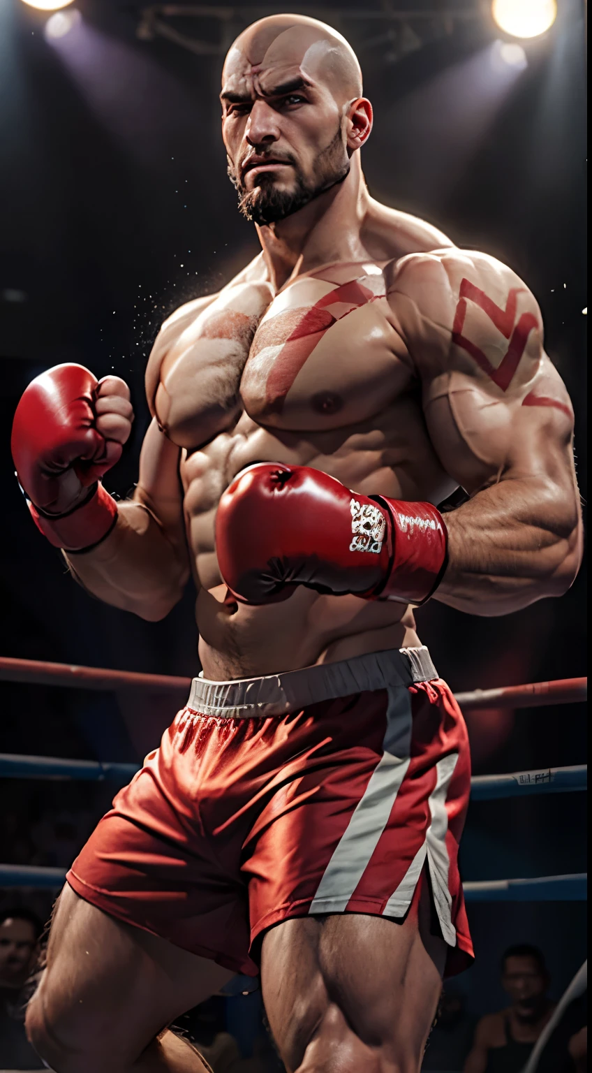 Kratos from God of war doing boxing, in a fighting ring, looking at camera , shirtless, wearing boxing shorts and boxing gloves