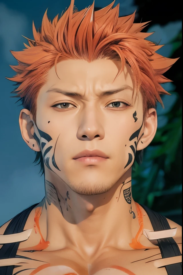 a close up of a man with a tattoo on his chest, ichigo kurosaki, ohararyu, handsome guy in demon slayer art, jujutsu kaisen, otaku gangasta, orange - haired anime boy, smug look, hana yata, roguish smirk, ichigo, muscular!!, screenshot from black clover, male character