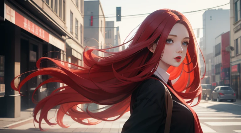 Walking along the sidewalk, Woman with long straight hair and red lips, ekaterina, professional photograpy, 30 year old female,Red-haired、long hair blowing in the wind,medium close-up shot