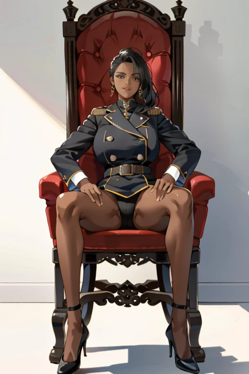 Tall beautiful mature woman with confident expression,  Plump body, huge-breasted , Dark skin, black military uniform with many medals,Lower body naked:1.5, Black High Heels, Raise your knees and spread your legs apart:1.4、sit a chair、Office、Semen from the crotch:1.5