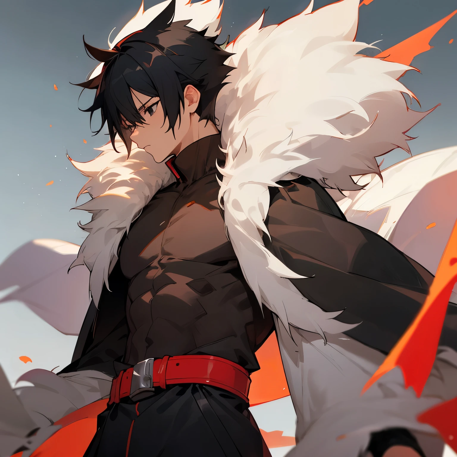 Short Spiky Hair , Natsu Hair , Short Black Poncho with white fur trim , Black Longsleeve Shirt Underneath, Black Hair , Black Eyes , Island Background , Muscular , 1male , Red Wrapped Belt , Adult Male