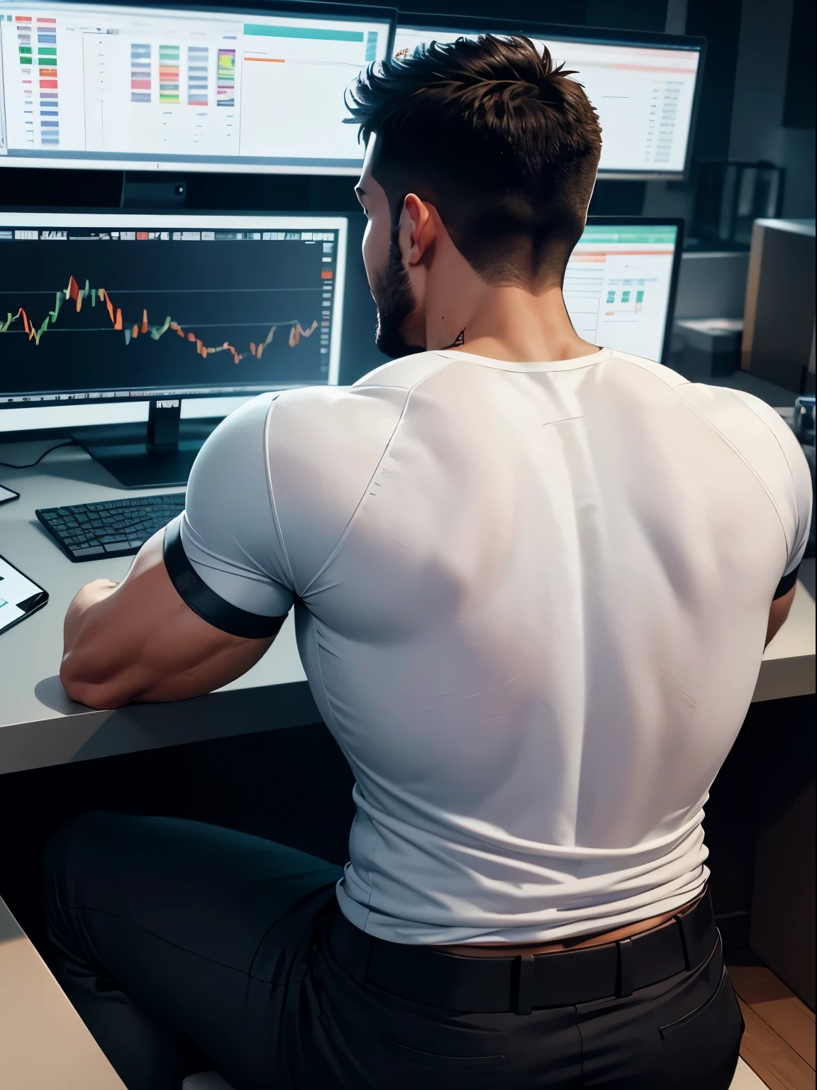 A muscular guy sitting at a desk trading stocks, 8k, best quality, masterpiece, 2 monitors with crypto charts, led lights, modern office, photo taken from behind, white tshirt, trader