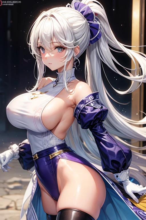 una chica estilo anime de pelo blanco grandes pecho y buenas curvas con una ropa sexy