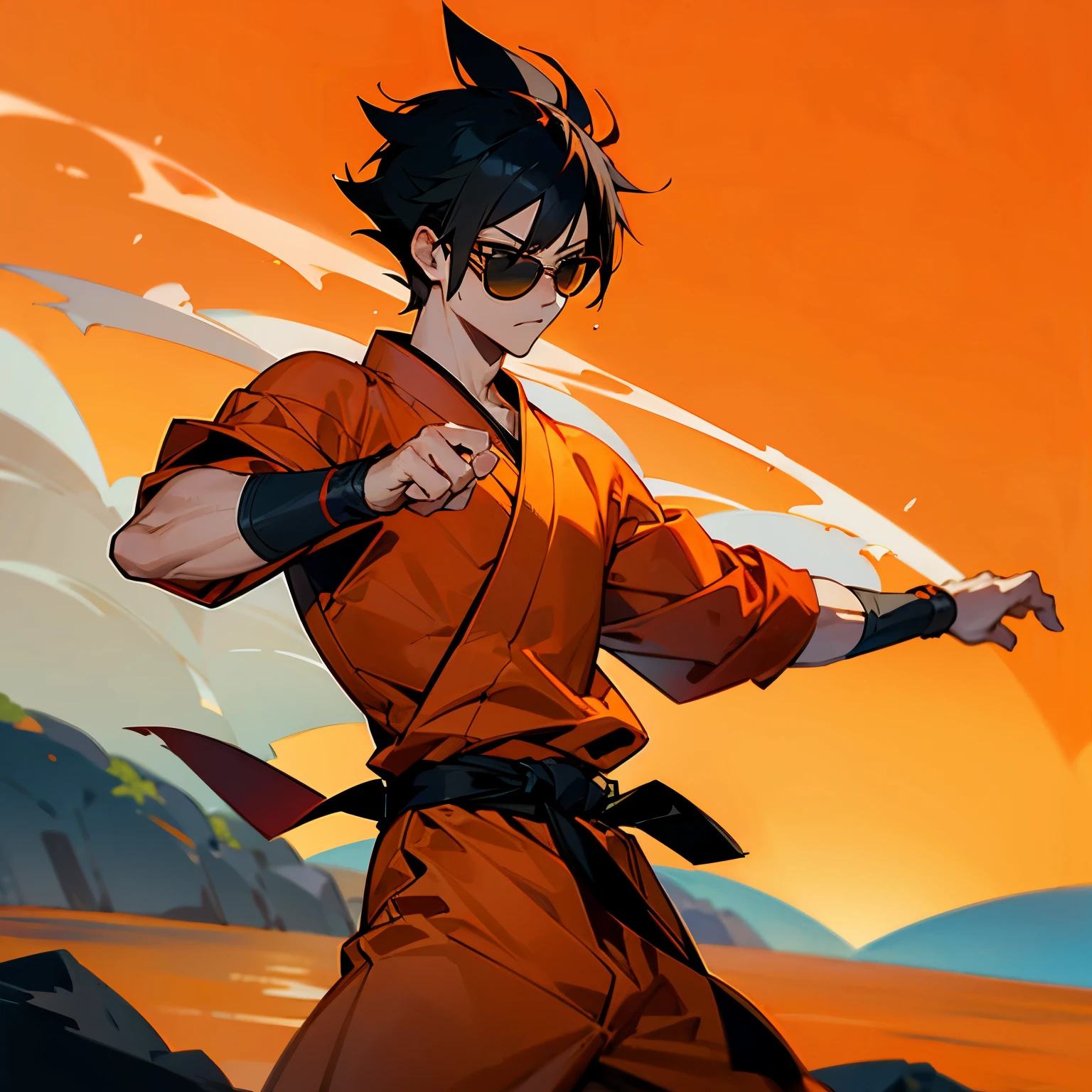 Short Spiky Hair , Natsu Hair , Orange Martial Arts Gi , Black Hair , Black Eyes , Island Background , Red Sunglasses , Muscular , 1male