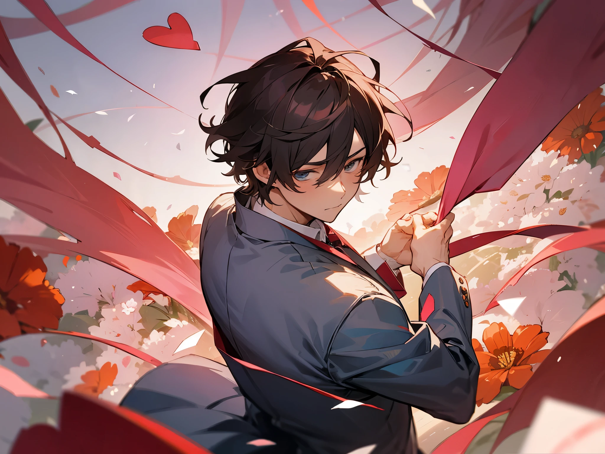 One anime guy engaged in a heartfelt moment, surrounded by Valentine's Day elements like flowers, chocolates, or love letters.