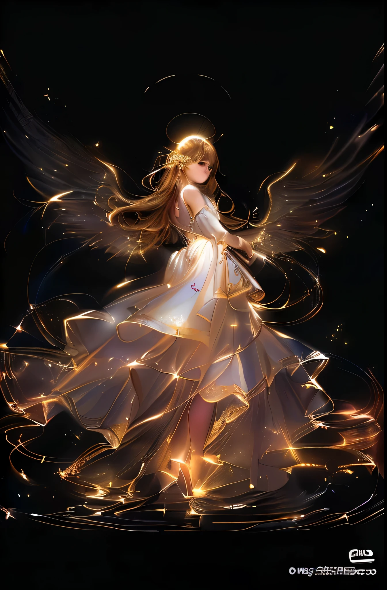 un primer plano de una persona con un vestido con luces encendidas, Ser angelical resplandeciente, etéreo angelic being of light, Ángel hermoso, con ardientes alas doradas, con ardientes alas doradas of flame, Alas hechas de luz, of Ángel hermoso, etéreo wings, Luz angelical, angelical, of an Ángel hermoso girl, etéreo essence, etéreo glow, etéreo!!!, Aura dorada brillante
