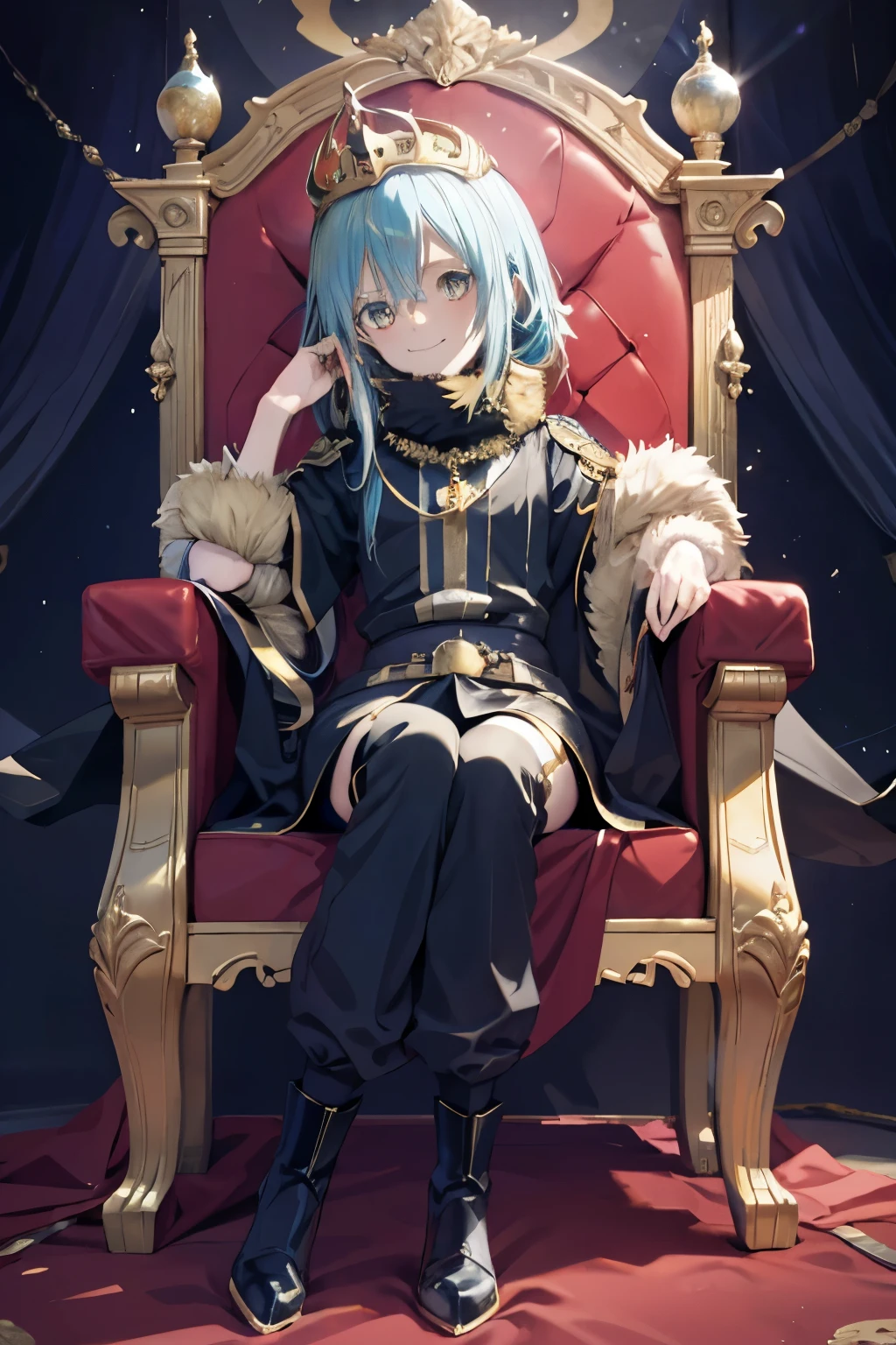 Rimuru sitting on a golden throne with red cushioning, wearing a demon lord outfit, smiling, in a lavish throne room, perfect beautiful eyes
