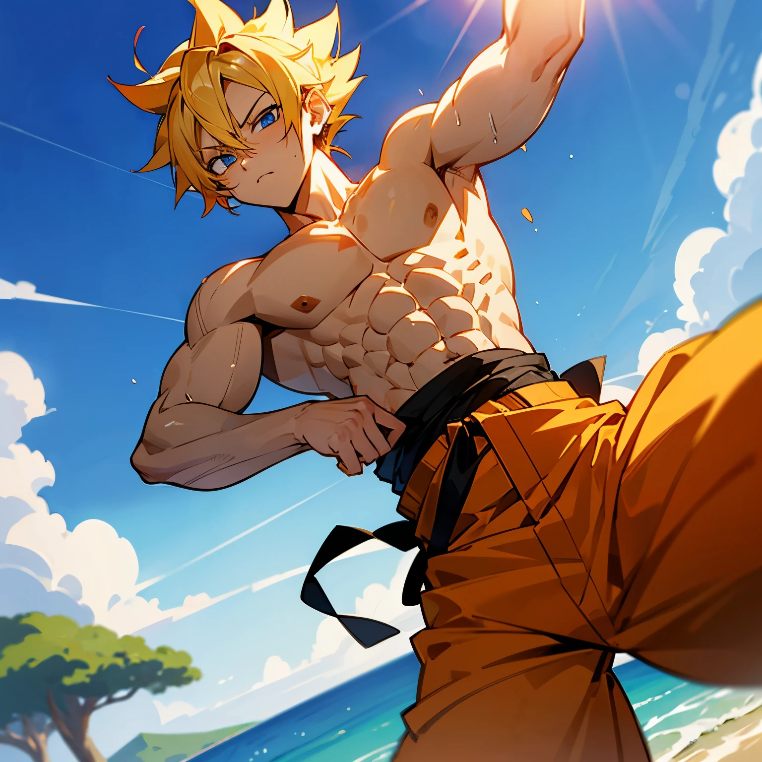 Short Spiky Hair , Natsu Hair , Orange Martial Arts Gi , Blonde Hair , Blue Eyes , Island Background, Muscular , 1male , Super Saiyan