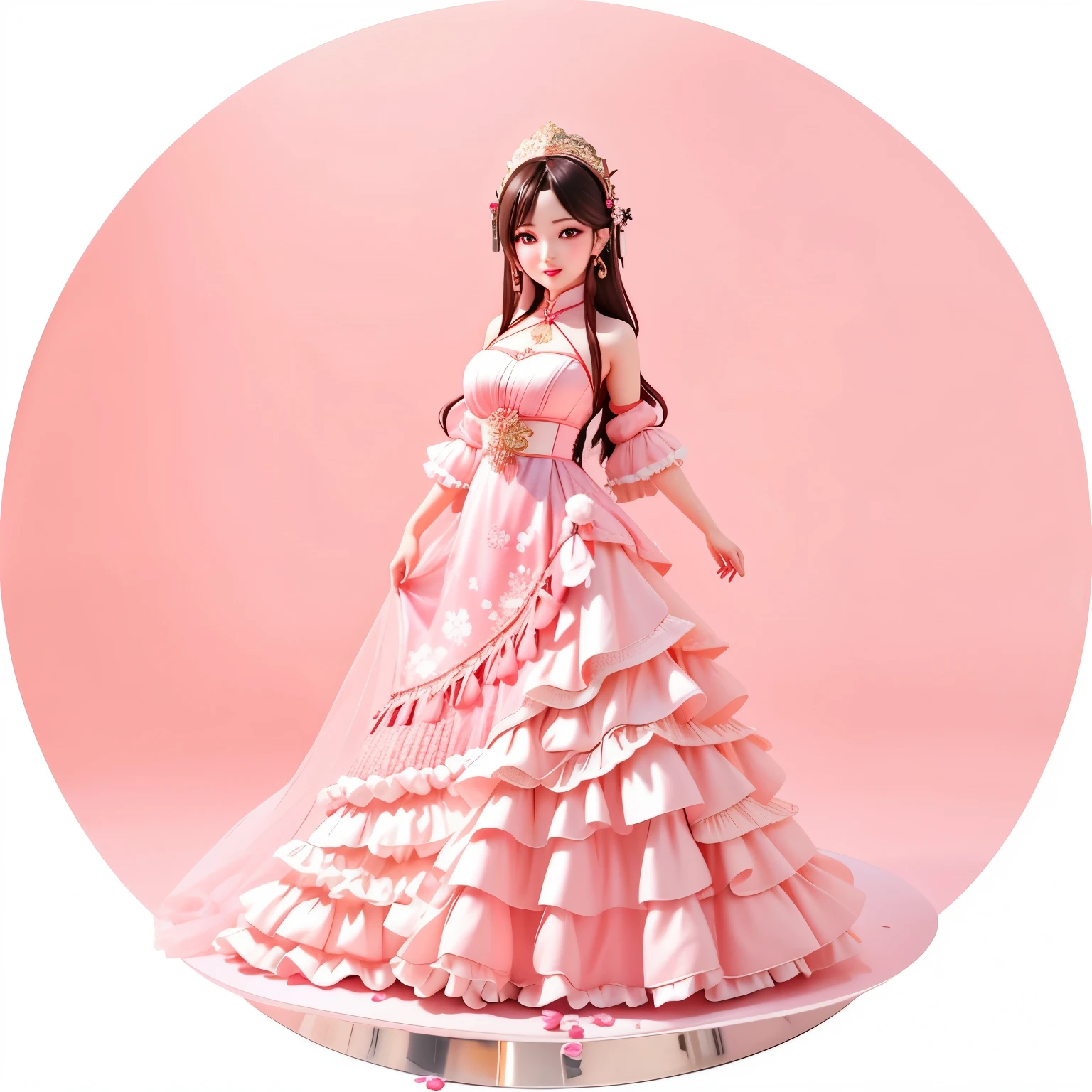 A woman in a pink evening gown。She is Chinese,She has long fluffy dark brown hair。Her evening dress is very gorgeous,It is pale pink,The upper body is tight-fitting,and have delicate folds。The hem of the dress is made of multiple layers of gauze,Decorated with fringed trim,These trims are shiny。Exquisite makeup for women,The eye makeup is deep and vivid,Lips painted with bright lipstick。Her posture is standing,The index finger of one hand touches the chin