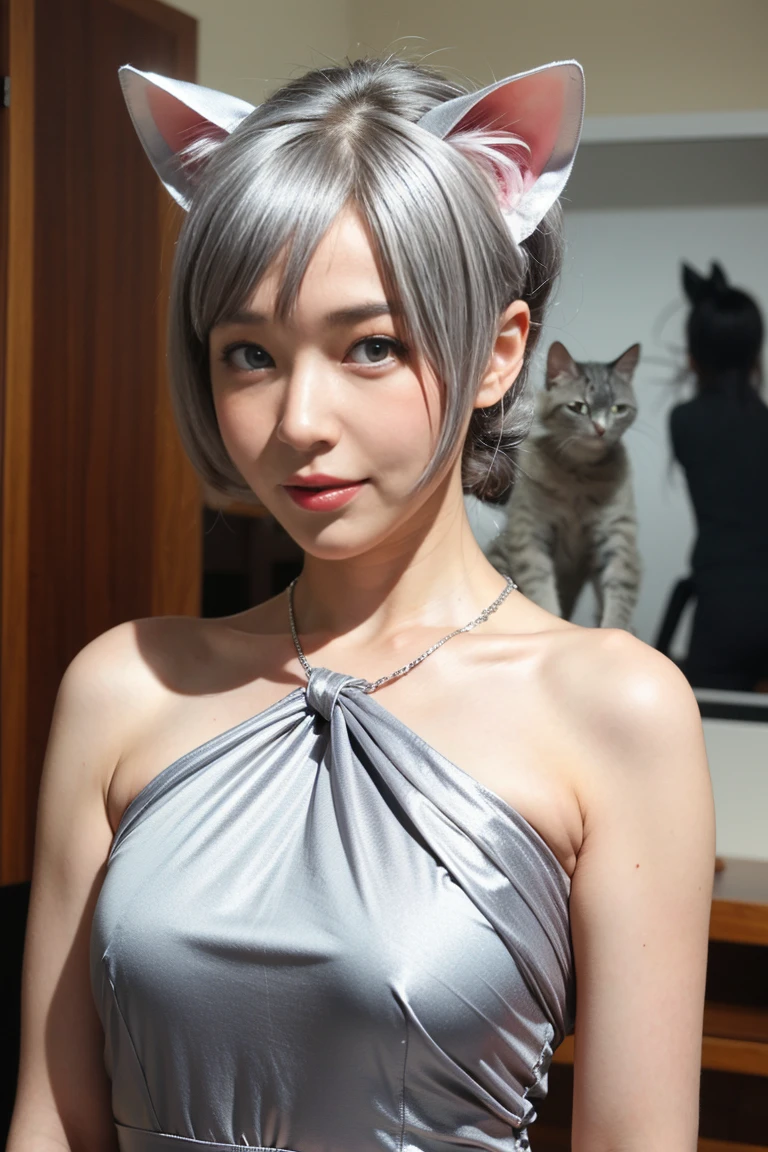 (masutepiece, Best Quality, High resolution: 1.2), 1 girl, Solo, Twin-tailed, grey eyes, Upper body, Dress, Silver hair, Cat ears