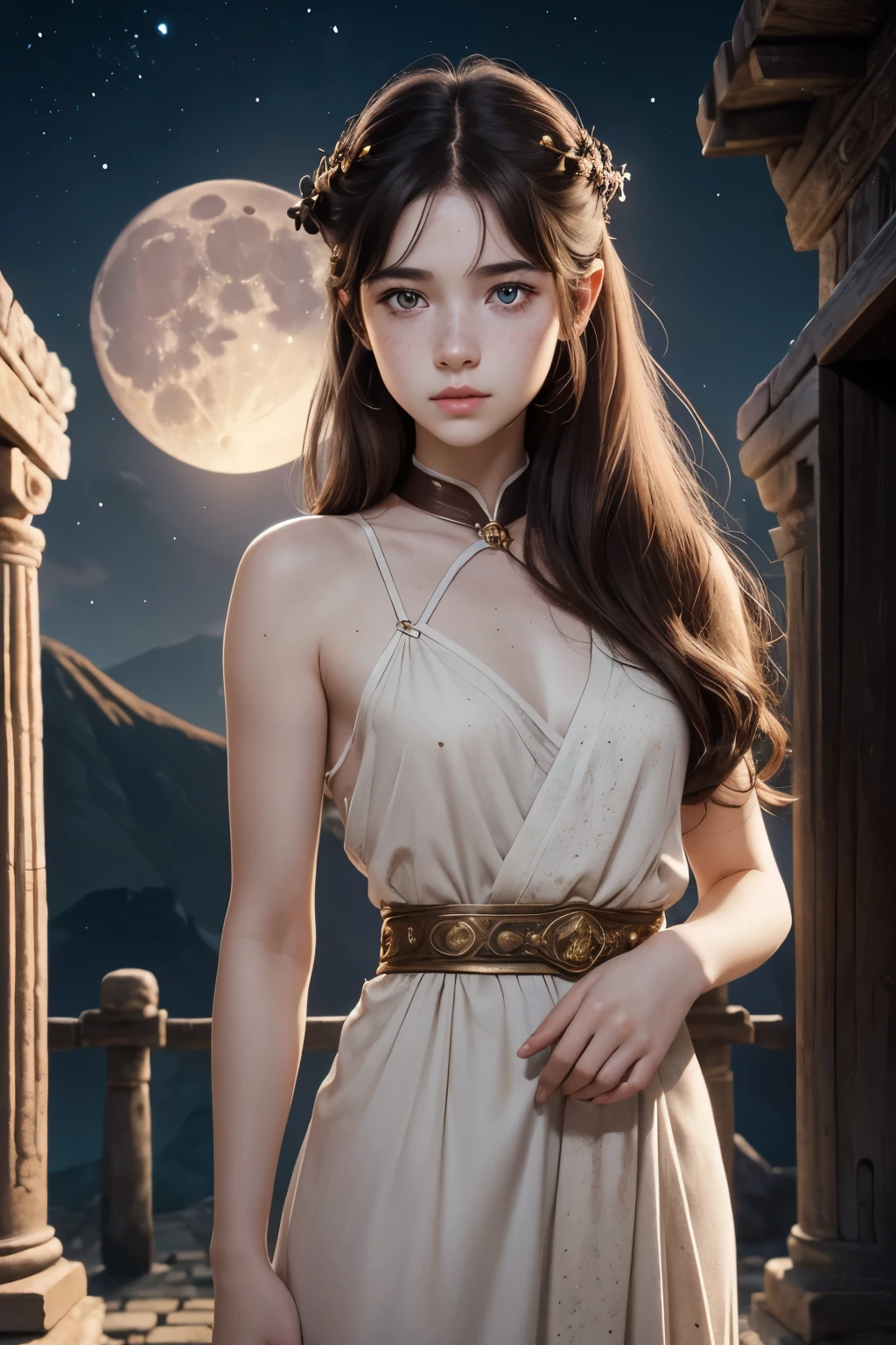 A young girl, priestress of the moon. In a barbarian setting. Very pale skin with freckles and liverspots. Curved lips. Upturned eyes. Long wide nose. Very short boyish dark-brown hair. Darkbrown eyes. Round and soft face and chin. Long neck. Small chest. In a antique ancient temple of the moon. In the nighttime.