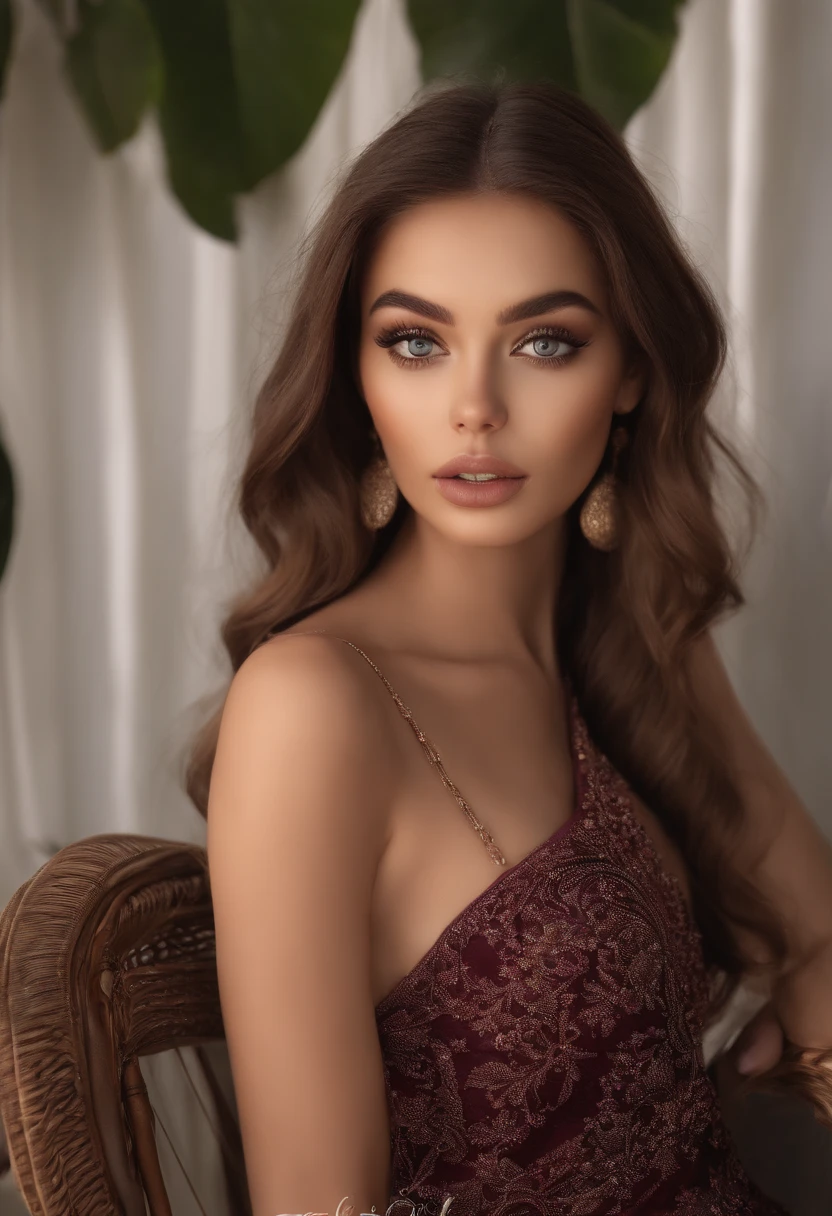 arafed woman fully , with brown eyes, ultra realistic, meticulously detailed, portrait sophie mudd, brown hair and large eyes, selfie of a young woman, dubai eyes, violet myers, with makeup, natural makeup, looking directly at the camera, face with artgram, subtle makeup, stunning full body shot at a party, on each, medium to large size bust