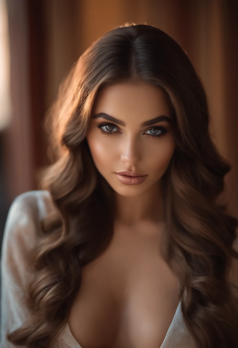 arafed woman fully , with brown eyes, ultra realistic, meticulously detailed, portrait sophie mudd, brown hair and large eyes, selfie of a young woman, dubai eyes, violet myers, with makeup, natural makeup, looking directly at the camera, face with artgram, subtle makeup, stunning full body shot at a party, on each, medium to large size bust
