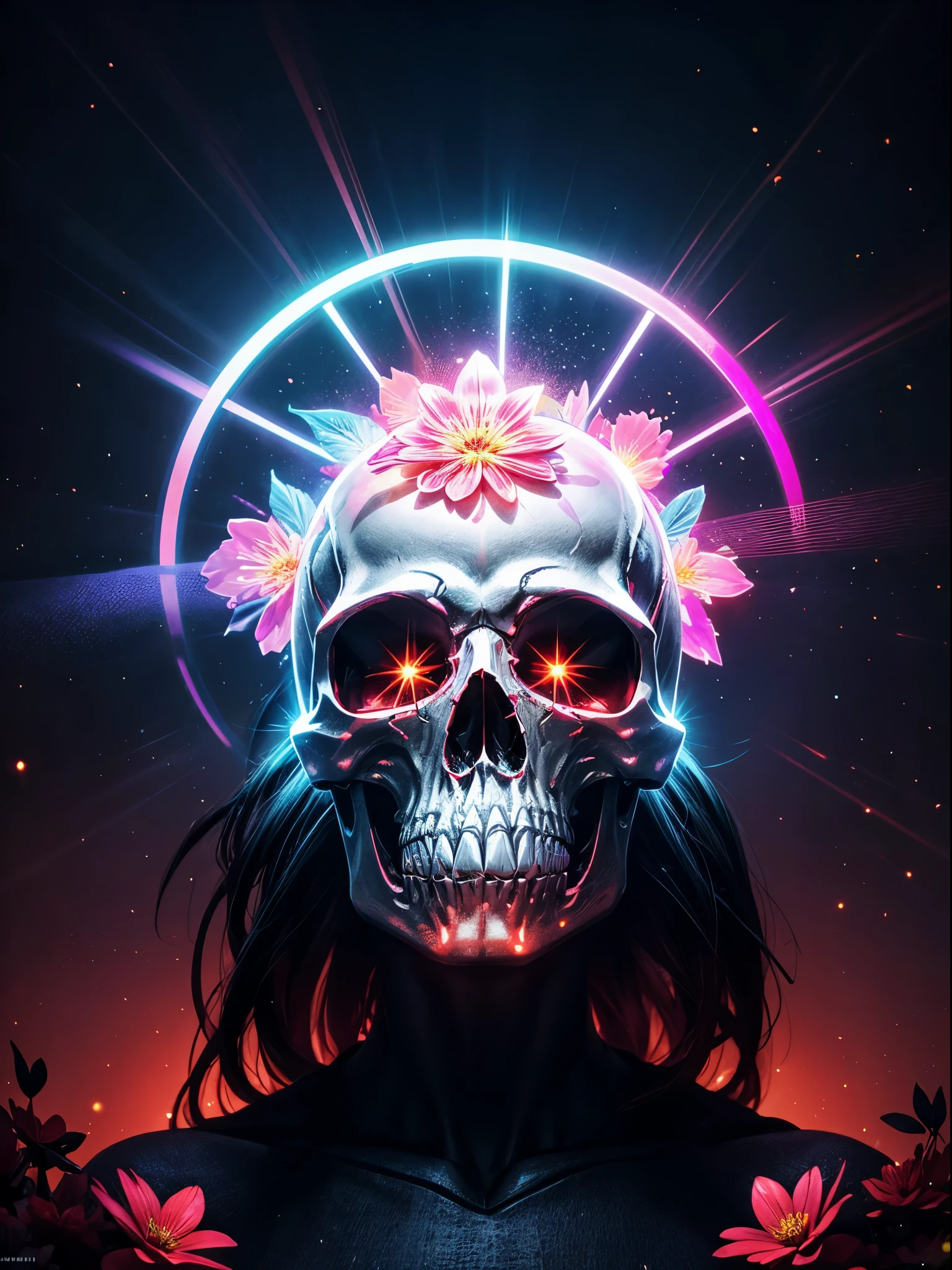 pixelated style,(glowing red,cross-shaped glow,blooming flowers)),interstellar misty background,polished,((silver skull)),light composition,rainbow,rainbow around the skull,vibrant,various structural power effect illustrations,glorious circular composition,alone,gbaportrait，magical decorative elements, brilliant decoration combinations,