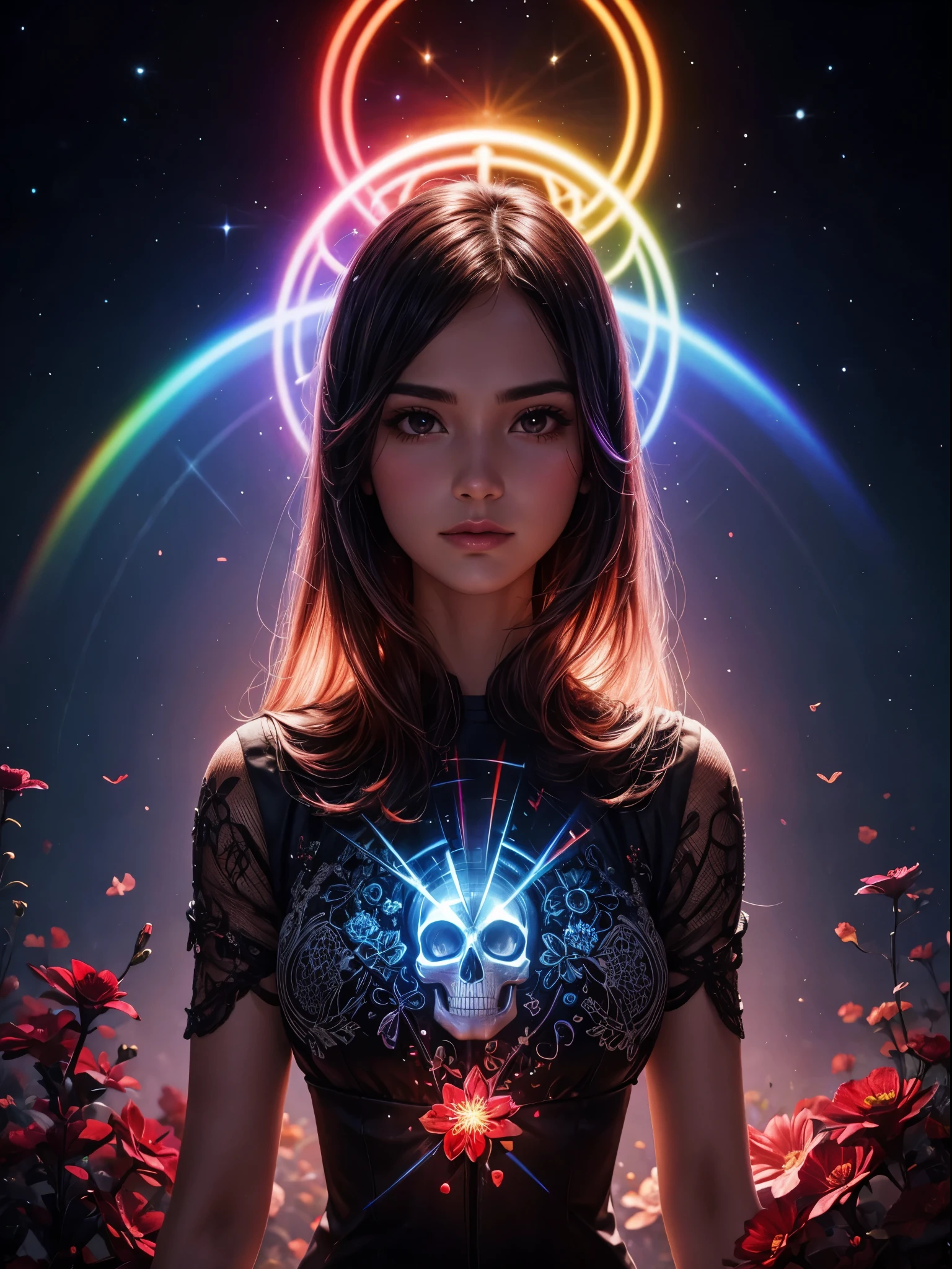 pixelated style,(glowing red,cross-shaped glow,blooming flowers)),interstellar misty background,polished,((silver skull)),light composition,rainbow,rainbow around the skull,vibrant,various structural power effect illustrations,glorious circular composition,alone,gbaportrait，magical decorative elements, brilliant decoration combinations,