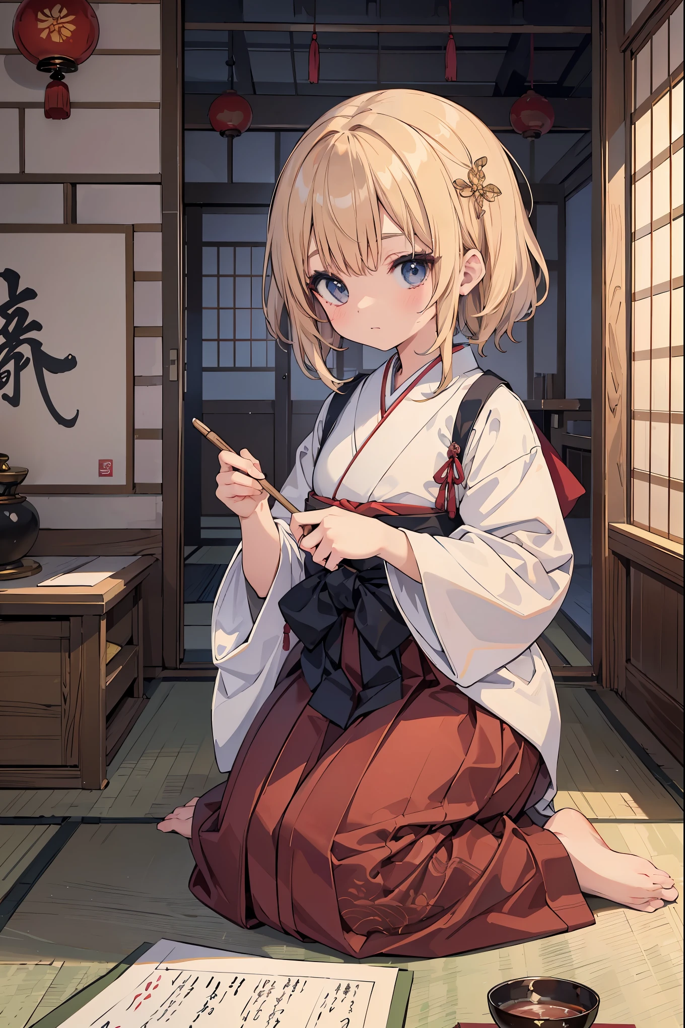 absurd, absolute resolution, incredibly absurd, super high quality, super detailed, official art, unity 8k wall, masterpiece
BREAK
Subject: The first calligraphy
Subtitle: Hakama, young genius calligrapher, Japanese style house, cute pose
BREAK
"In this New Year's calligraphy scene, a young calligraphy prodigy in hakama is absorbed in a large calligraphy paper in the study of a traditional Japanese-style house. She wears a brightly colored hakama, holds a large brush in her hand, and writes the character for "happiness" with a powerful brush stroke. Surrounding her are traditional calligraphy tools and beautiful hanging scrolls on the wall. Her cute pose and concentrated expression show her talent, despite her young age. The background is the interior of a Japanese-style house, with shoji screens and beams painted in intricate detail, creating a warm, traditional Japanese beauty."