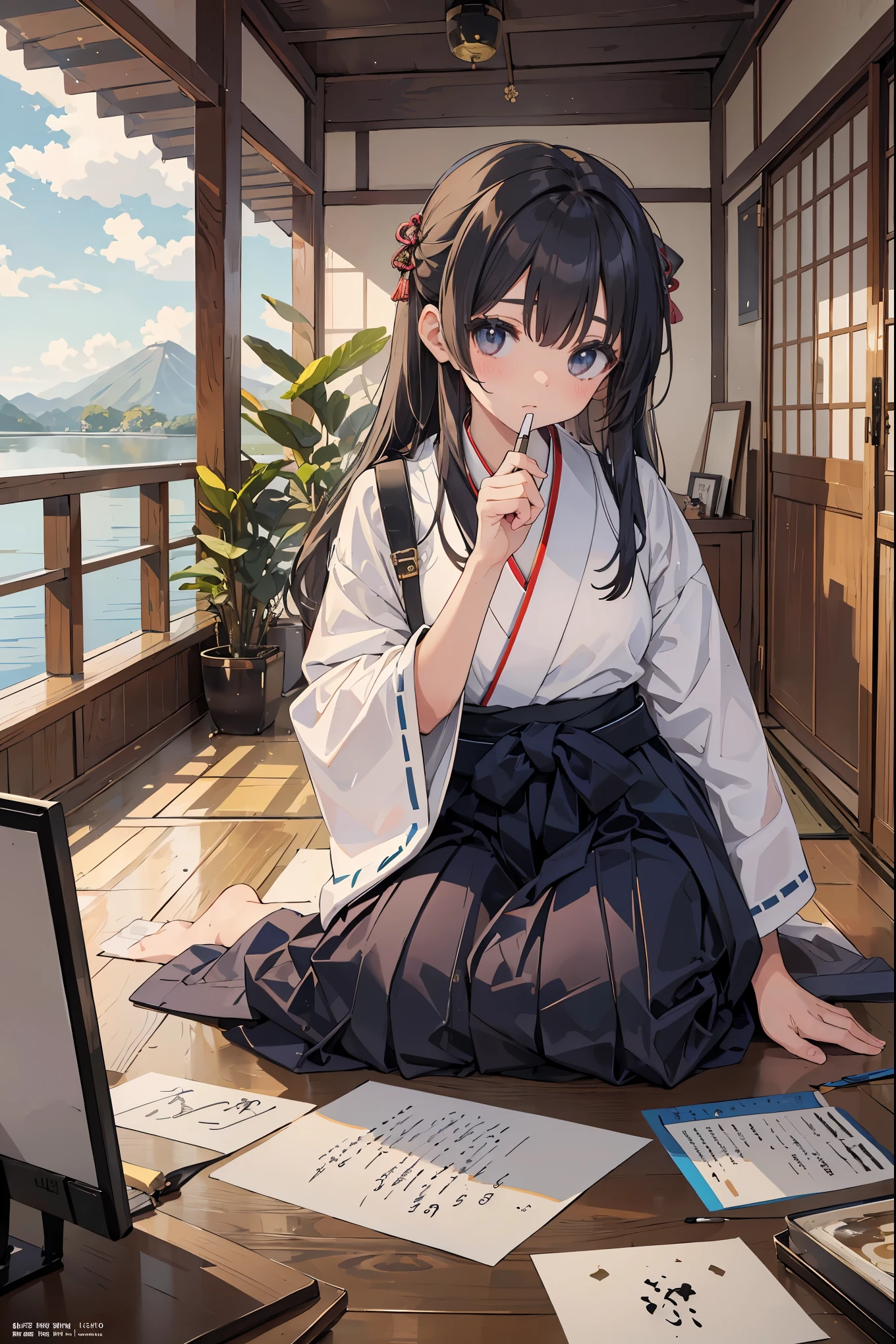 absurd, absolute resolution, incredibly absurd, super high quality, super detailed, official art, unity 8k wall, masterpiece
BREAK
Subject: The first calligraphy
Subtitle: Hakama, young genius calligrapher, Japanese style house, cute pose
BREAK
"In this New Year's calligraphy scene, a young calligraphy prodigy in hakama is absorbed in a large calligraphy paper in the study of a traditional Japanese-style house. She wears a brightly colored hakama, holds a large brush in her hand, and writes the character for "happiness" with a powerful brush stroke. Surrounding her are traditional calligraphy tools and beautiful hanging scrolls on the wall. Her cute pose and concentrated expression show her talent, despite her young age. The background is the interior of a Japanese-style house, with shoji screens and beams painted in intricate detail, creating a warm, traditional Japanese beauty."